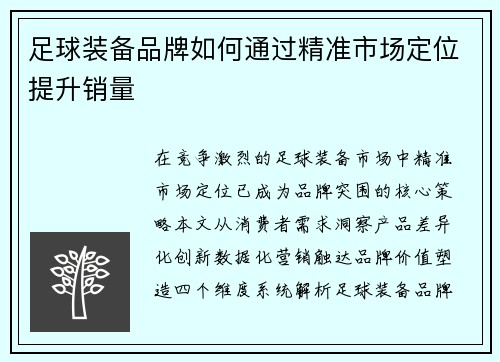 足球装备品牌如何通过精准市场定位提升销量