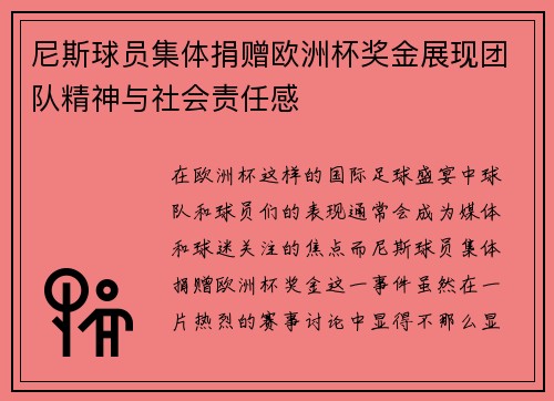 尼斯球员集体捐赠欧洲杯奖金展现团队精神与社会责任感